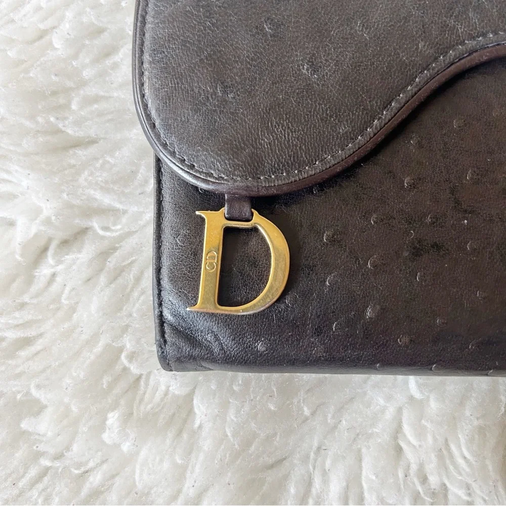 Dior Saddle Wallet Vintage Dark Brown Ostrich Leather - Picture 2 of 12